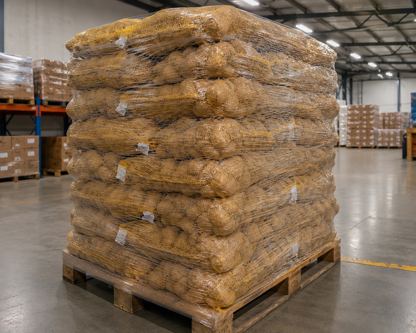 Palé de papas frescas embaladas en sacos dentro del almacén de CROPS Import & Export en Lanzarote.