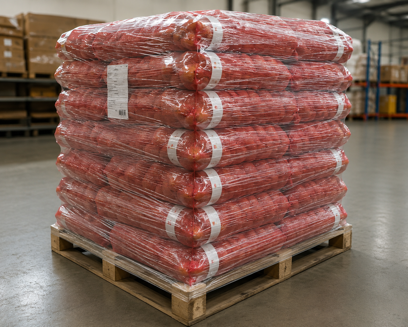Palé de batatas frescas embaladas en sacos dentro del almacén de CROPS Import & Export en Lanzarote.