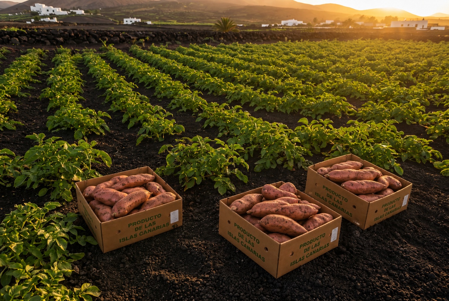 Batatas recién cosechadas presentadas en cajas directamente en los campos de cultivo de Lanzarote.