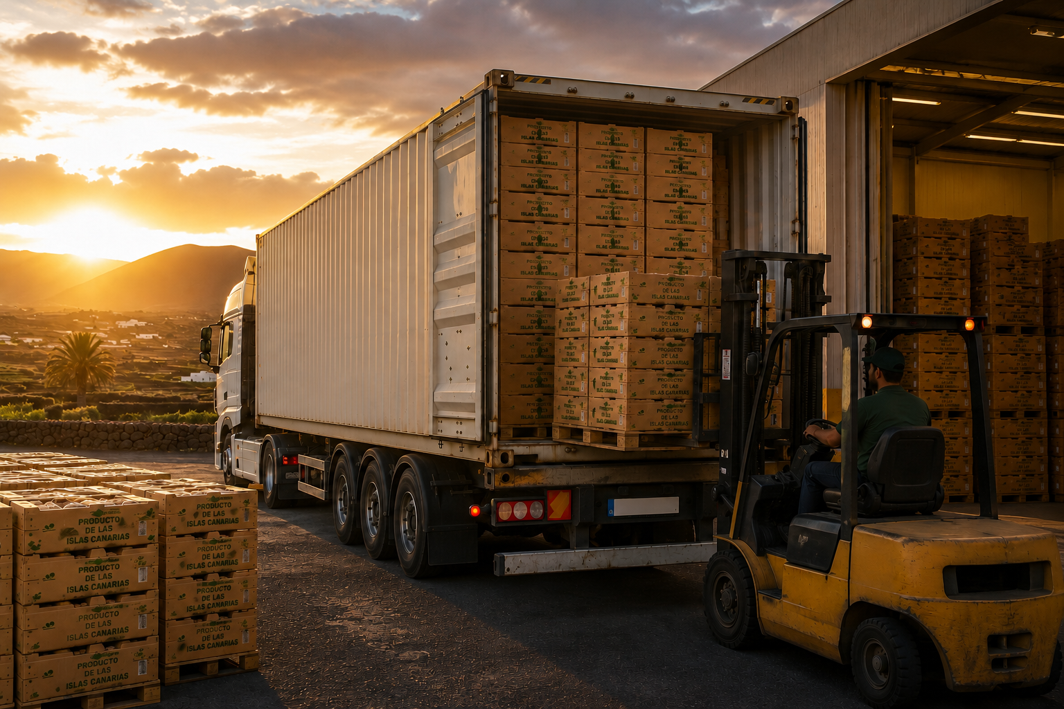 Carretilla elevadora cargando palés de productos agrícolas de las Islas Canarias en un contenedor de envío al atardecer.