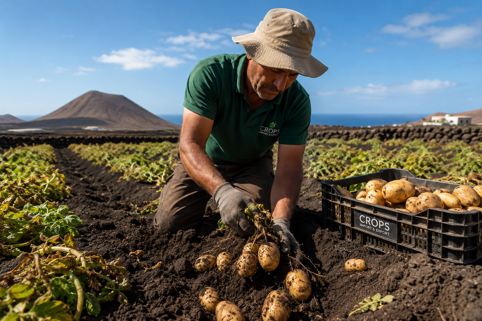 Agricultor recolectando papas premium en el suelo volcánico de Lanzarote para Crops Import & Export.