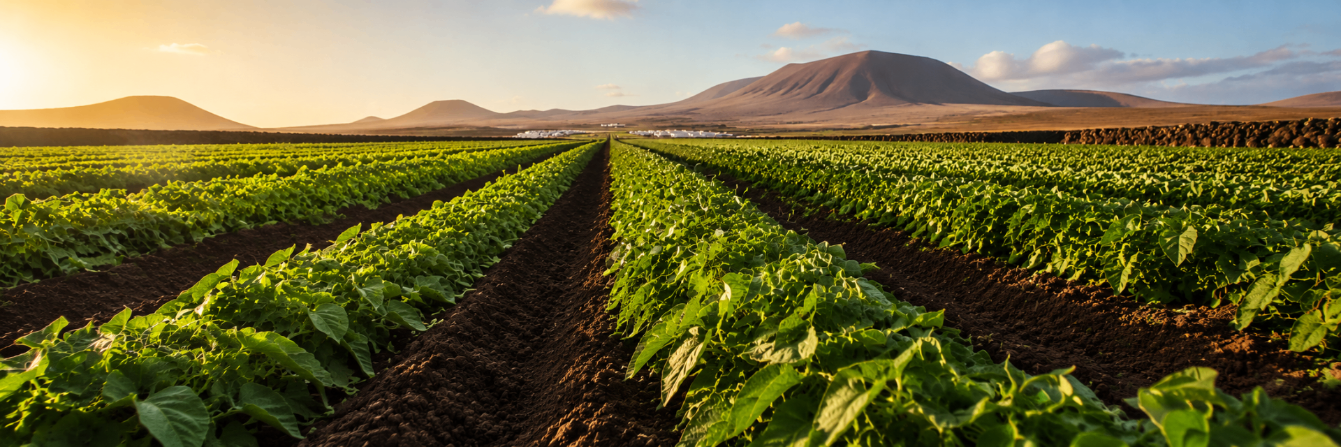 Campos de cultivo de papas en Lanzarote sobre suelo volcánico, gestionados por Crops Import & Export con agricultura sostenible.