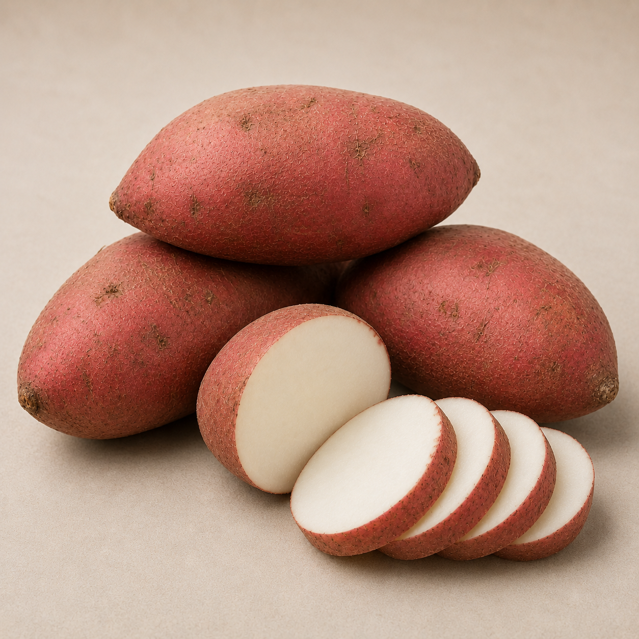 Batata fresca cultivada en Lanzarote por CROPS Import & Export S.L., presentada entera y en rodajas.