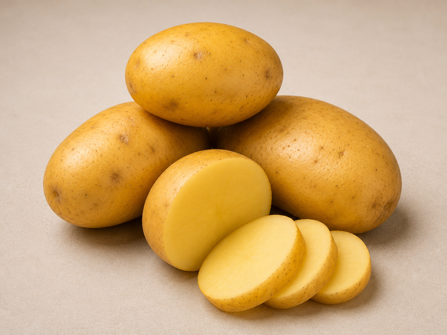 Fresh potato grown in Lanzarote by CROPS Import & Export S.L., shown whole and sliced to highlight its quality.