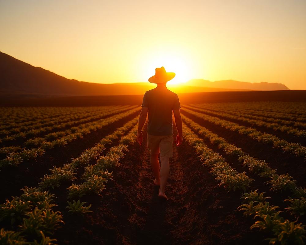 Agricultor al amanecer en un cultivo de papas en Lanzarote.