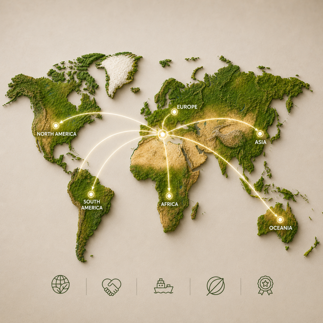 World map illustrating the global agricultural export network of CROPS Import & Export S.L., connecting Lanzarote with customers across Europe, North America, South America, Africa, Asia and Oceania.